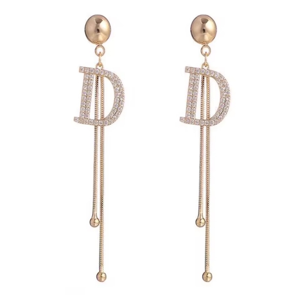 Classic D unique shape Gold and diamond Initial Earrings